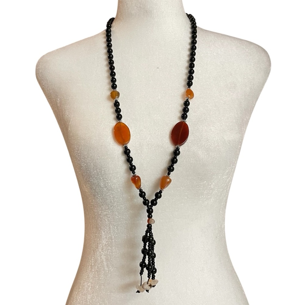 Unbranded Vintage 60s MCM Beaded Onyx Carnelian and Agate Crystal Necklace